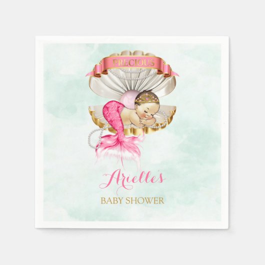 マーメイドベビークラムシェルティアラパールピンク金ゴールド スタンダードカクテルナプキン (正面)