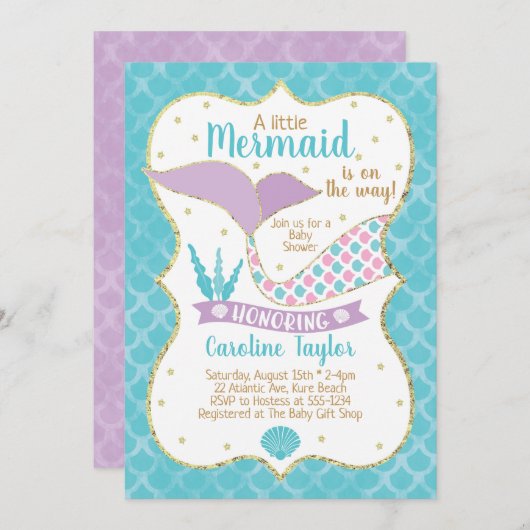 マーメイドベビーシャワーパープル&ターコイズ 招待状 (正面/裏面)