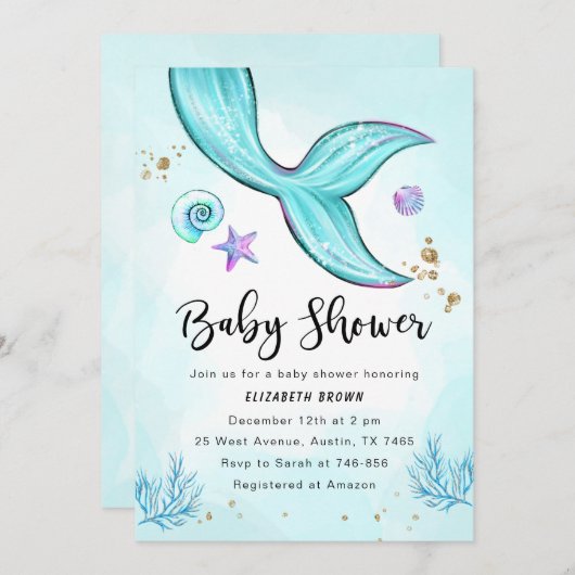 マーメイドベビーシャワー招待状ガール、海中 招待状 (正面/裏面)