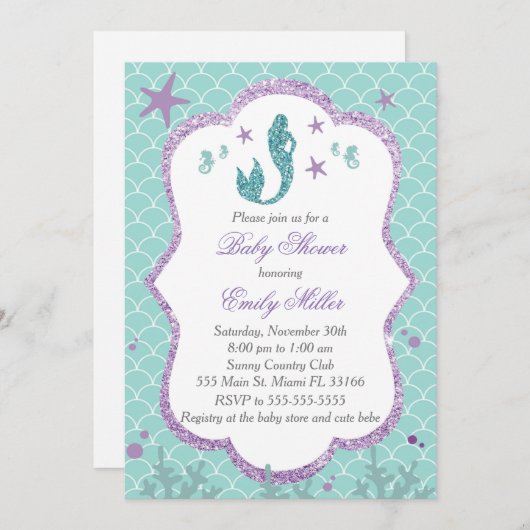 マーメイドベビーシャワー招待状パープルティール（緑がかった色） 招待状 (正面/裏面)