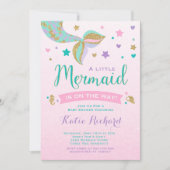 マーメイドベビーシャワー招待状ピンクティール（緑がかった色）パープル 招待状 (正面)