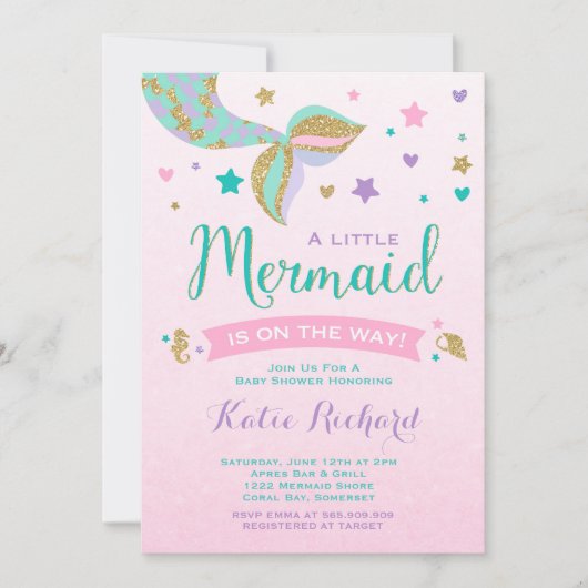 マーメイドベビーシャワー招待状ピンクティール（緑がかった色）パープル 招待状 (正面)