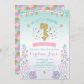 マーメイドベビーシャワー招待状ピンクティール（緑がかった色）パープル 招待状 (正面/裏面)