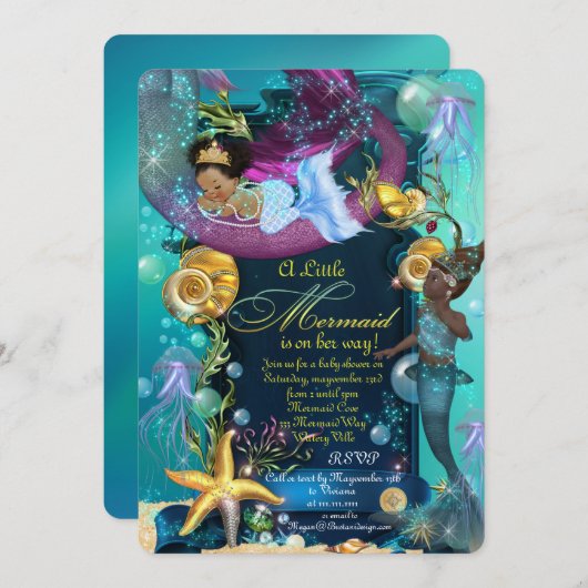 マーメイドベビーシャワー招待状、ガールベビーシャワー 招待状 (正面/裏面)