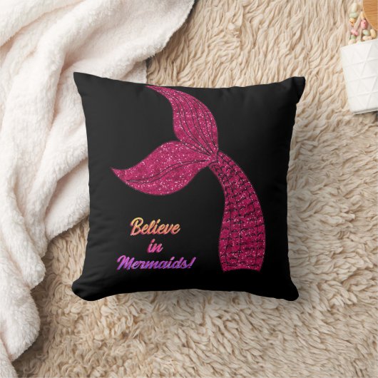 マーメイドホットピンクブラック信じインメメイド引用文 クッション (ブランケット)