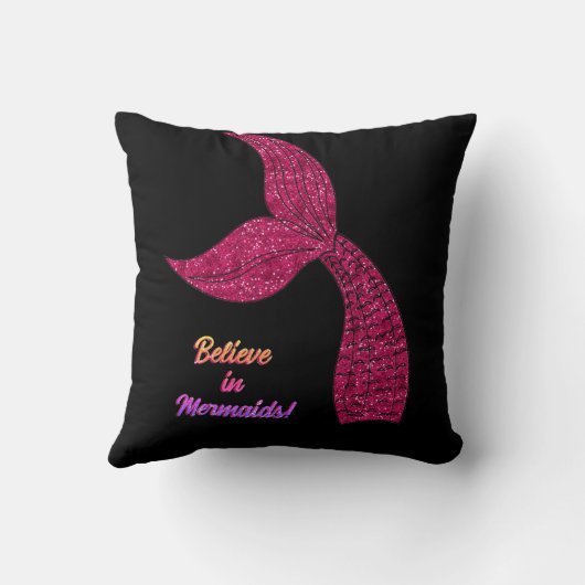 マーメイドホットピンクブラック信じインメメイド引用文 クッション (裏面)