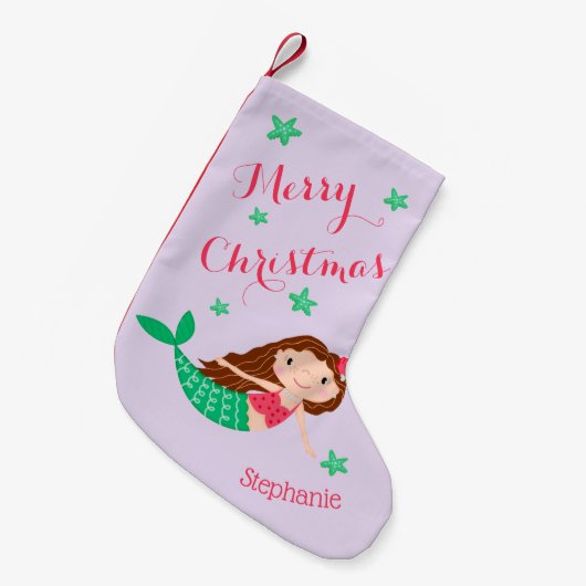 マーメイドメリークリスマスパープルパーソナライズされたホテル スモールクリスマスストッキング (正面 (吊り時))