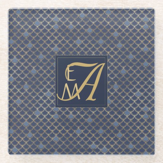 マーメイドモはかりで測ノグラムネイビーブルー金ゴールドホームデコール ガラスコースター (正面)
