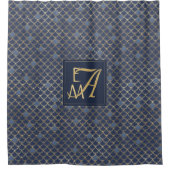 マーメイドモはかりで測ノグラムネイビーブルー金ゴールドホームデコール シャワーカーテン (正面)