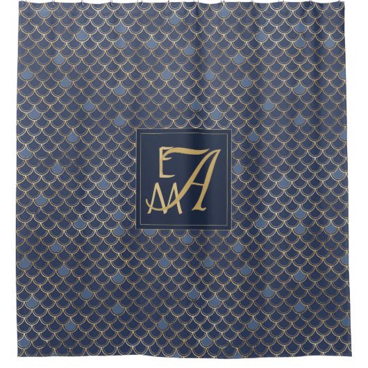 マーメイドモはかりで測ノグラムネイビーブルー金ゴールドホームデコール シャワーカーテン (正面)
