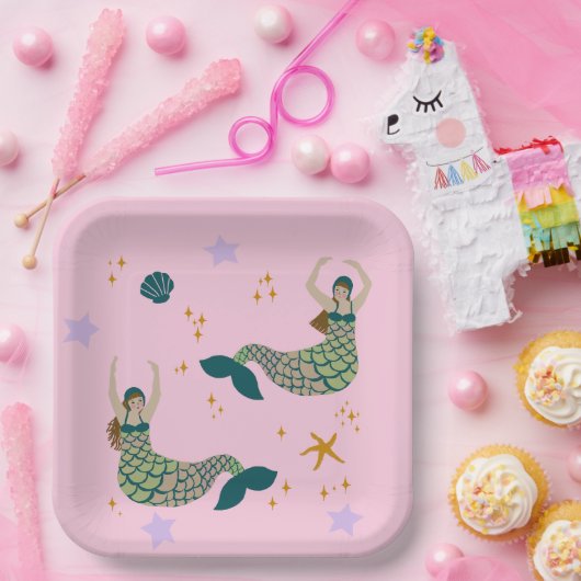 マーメイドモダンサイレンテーマイラストレーションプリントピンク ペーパープレート (パーティー)