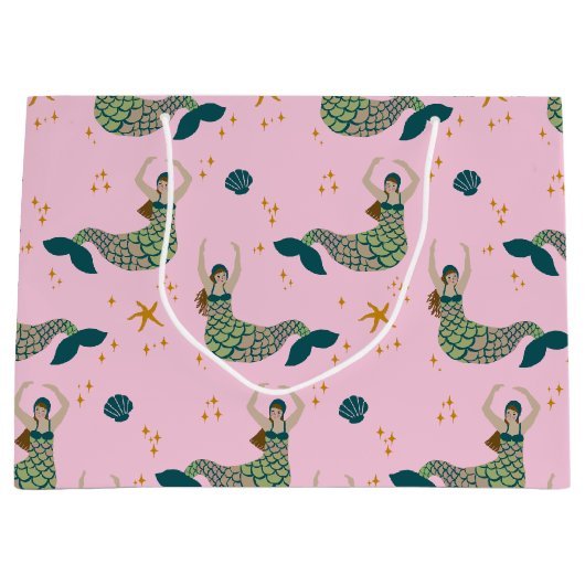 マーメイドモダンサイレンテーマイラストレーションプリントピンク ラージペーパーバッグ (正面)