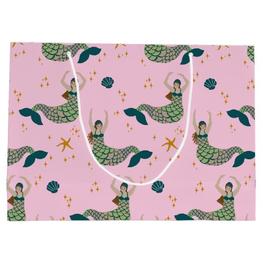 マーメイドモダンサイレンテーマイラストレーションプリントピンク ラージペーパーバッグ (裏面)