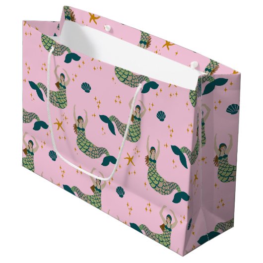 マーメイドモダンサイレンテーマイラストレーションプリントピンク ラージペーパーバッグ (正面アングル)