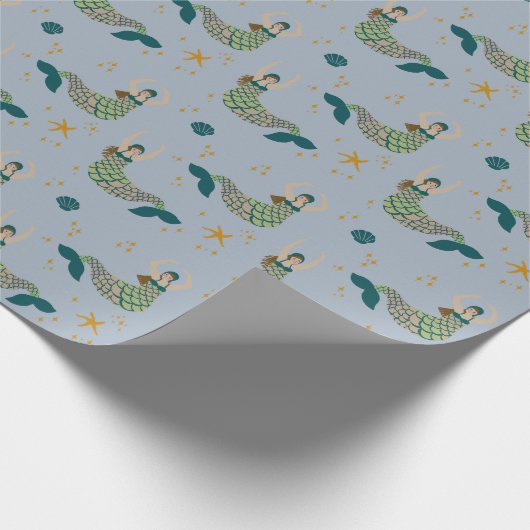 マーメイドモダンサイレンテーマイラストレーションプリントブルー ラッピングペーパー (角)