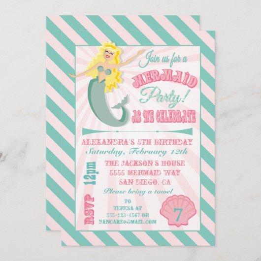 マーメイドモダン誕生日パーティーへの招待 招待状 (正面/裏面)