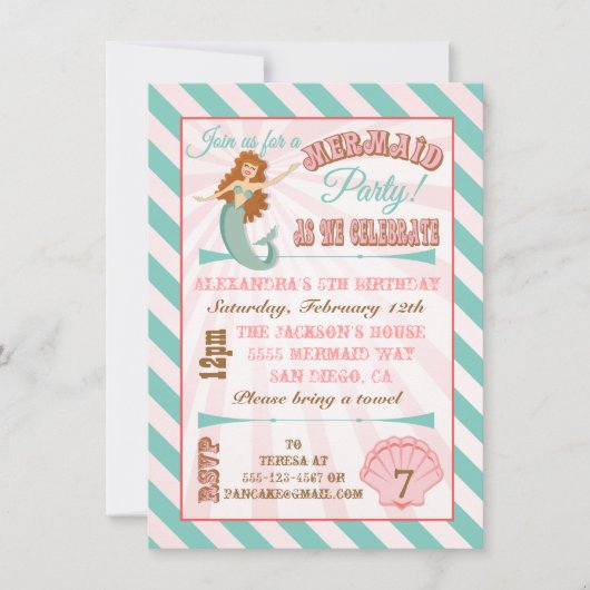 マーメイドモダン誕生日パーティーへの招待 招待状 (正面)