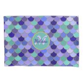 マーメイドモノグラム+名前 |アクアティール(緑がかった色)パープルブルー 枕カバー (正面左)