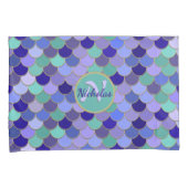 マーメイドモノグラム+名前 |アクアティール(緑がかった色)パープルブルー 枕カバー (正面右)