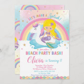 マーメイドユニコーンビーチパーティー誕生日ブロンド 招待状 (正面/裏面)