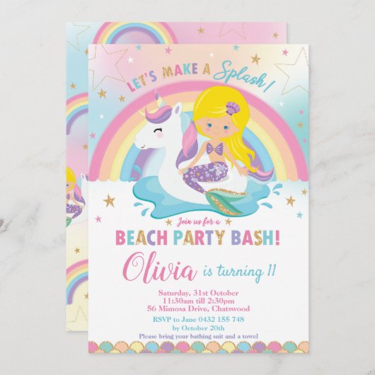 マーメイドユニコーンビーチパーティー誕生日ブロンド 招待状 (正面/裏面)