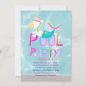 マーメイドユニコーンプールパーティーピンクグリッター女の子 招待状 (正面)