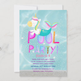 マーメイドユニコーンプールパーティーピンクグリッター女の子 招待状