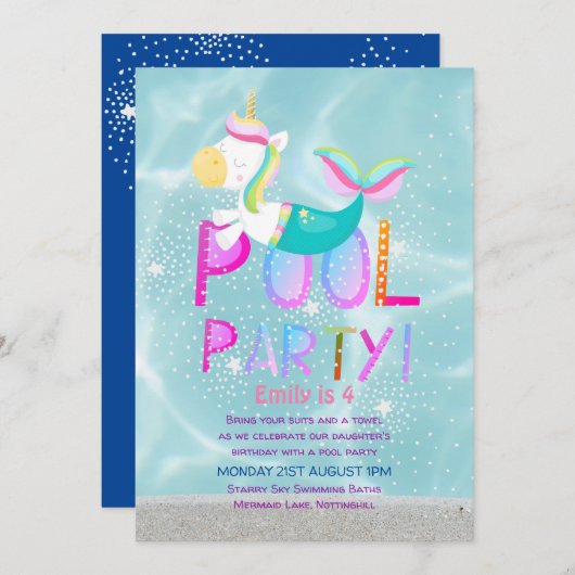 マーメイドユニコーンプールパーティーピンクグリッター女の子 招待状 (正面/裏面)