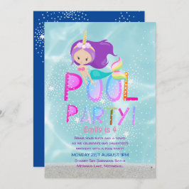 マーメイドユニコーンプールパーティーピンクグリッター女の子 招待状
