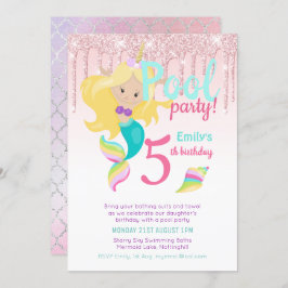 マーメイドユニコーンプールパーティーピンクブルーガール 招待状