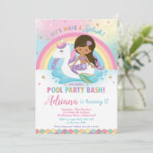 マーメイドユニコーンプールパーティー誕生日タンスキンブラウン 招待状 (スタンド正面)