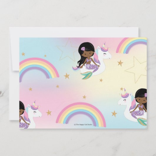 マーメイドユニコーンプールパーティー誕生日ダークスキントーン 招待状 (裏面)