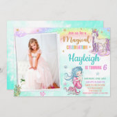 マーメイドユニコーン誕生日の招待マジカルパーティー 招待状 (正面/裏面)