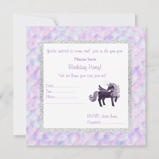 マーメイドユニコーン誕生日パーティー招待パープル 招待状 (裏面)