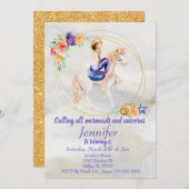 マーメイドユニコーン金ゴールドかわいらしパープル 招待状 (正面/裏面)