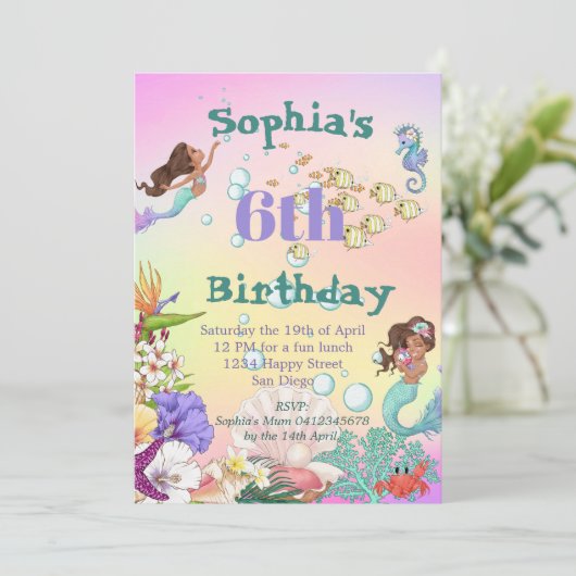 マーメイドレインボーダークヘアザシー誕生日 招待状 (スタンド正面)