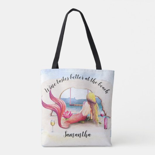 マーメイドワインのビーチが美味しパーソナライズされた トートバッグ (裏面)