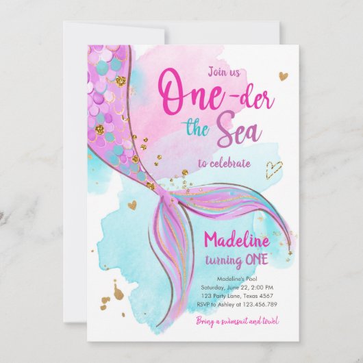 マーメイドワンザシープールパーティーガールファースト誕生日 招待状 (正面)