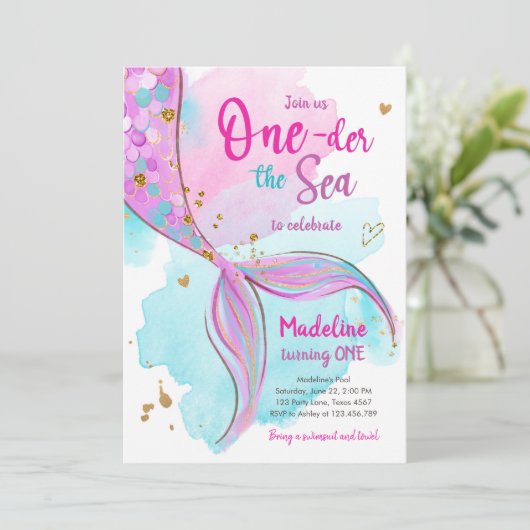 マーメイドワンザシープールパーティーガールファースト誕生日 招待状 (スタンド正面)