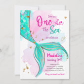 マーメイドワンザシープールパーティーガールファースト誕生日 招待状 (正面)