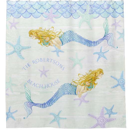 マーメイドンスターフィッシュファミリーネームビーチハウスデコール シャワーカーテン (正面)
