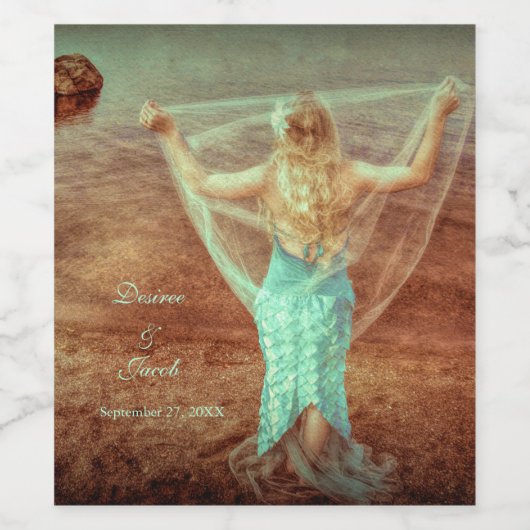 マーメイドヴィンテージビーチティール(緑がかった色)結婚ブラウン ワインラベル (シングルラベル)