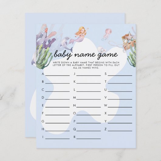 マーメイド図解入りの、写真付きのベビーシャワーゲーム名ゲーム (正面/裏面)