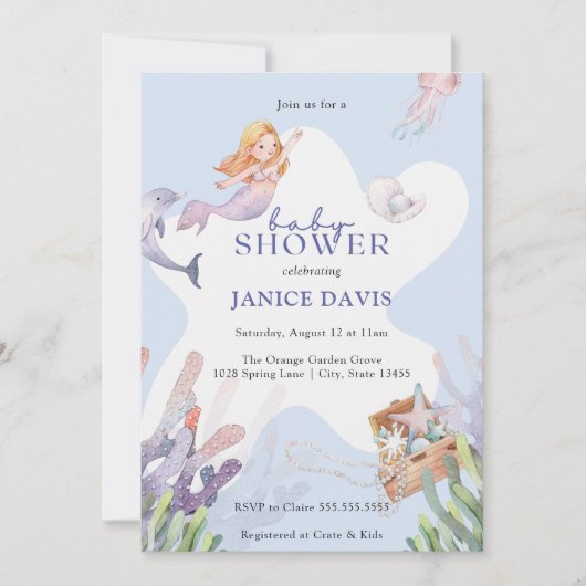 マーメイド図解入りの、写真付きのベビーシャワー招待状 招待状 (正面)
