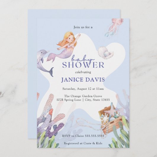 マーメイド図解入りの、写真付きのベビーシャワー招待状 招待状 (正面/裏面)
