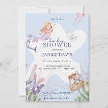 マーメイド図解入りの、写真付きのベビーシャワー招待状