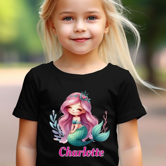 マーメイド女子のカスタムネーム ブラック Tシャツ