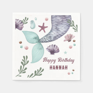 マーメイド子供の誕生日シーパープル スタンダードカクテルナプキン