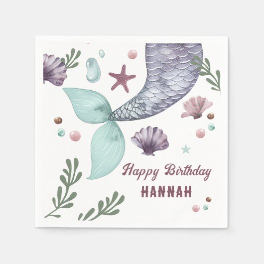 マーメイド子供の誕生日シーパープル スタンダードカクテルナプキン (正面)