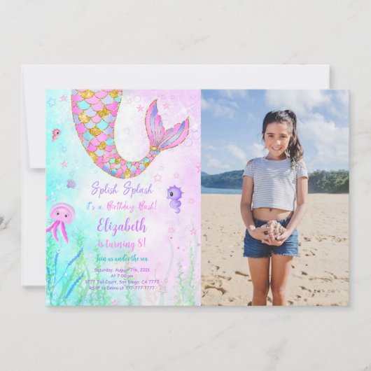 マーメイド子供の誕生日フォト招待状 招待状 (正面)
